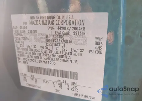 2005 Mazda Tribute I из США, поврежденный, VIN 4F2YZ92Z55KM11205